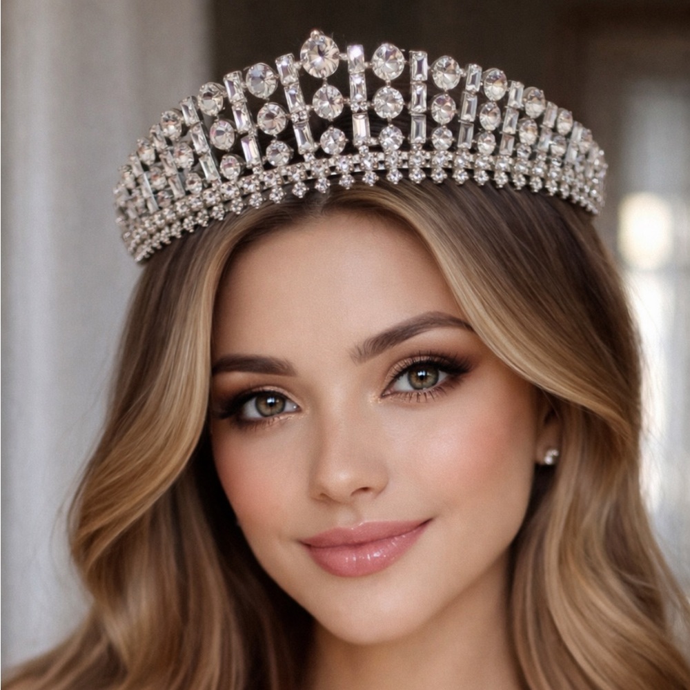 Radiant Silver Tiara w clear Bag-gets and dome Rhinestone Beautifully Made Vtg